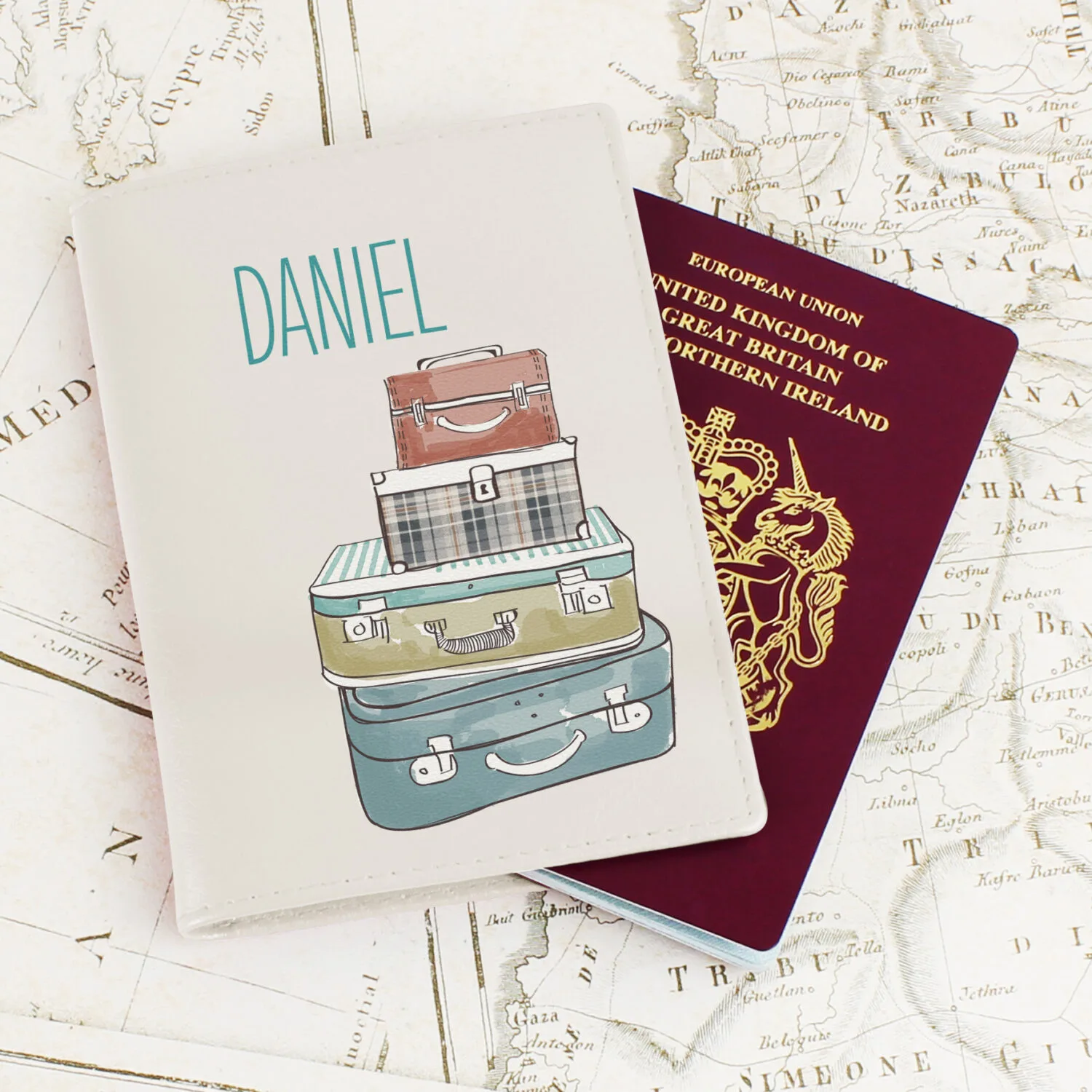 Personalised Suitcases Motif Cream Leather Passport Holder - Image 1