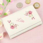 Personalised Name Only Pink Floral Design Cream Leather Purse