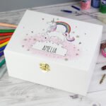 Personalised Rainbow Unicorn Design White Wooden Keepsake Box
