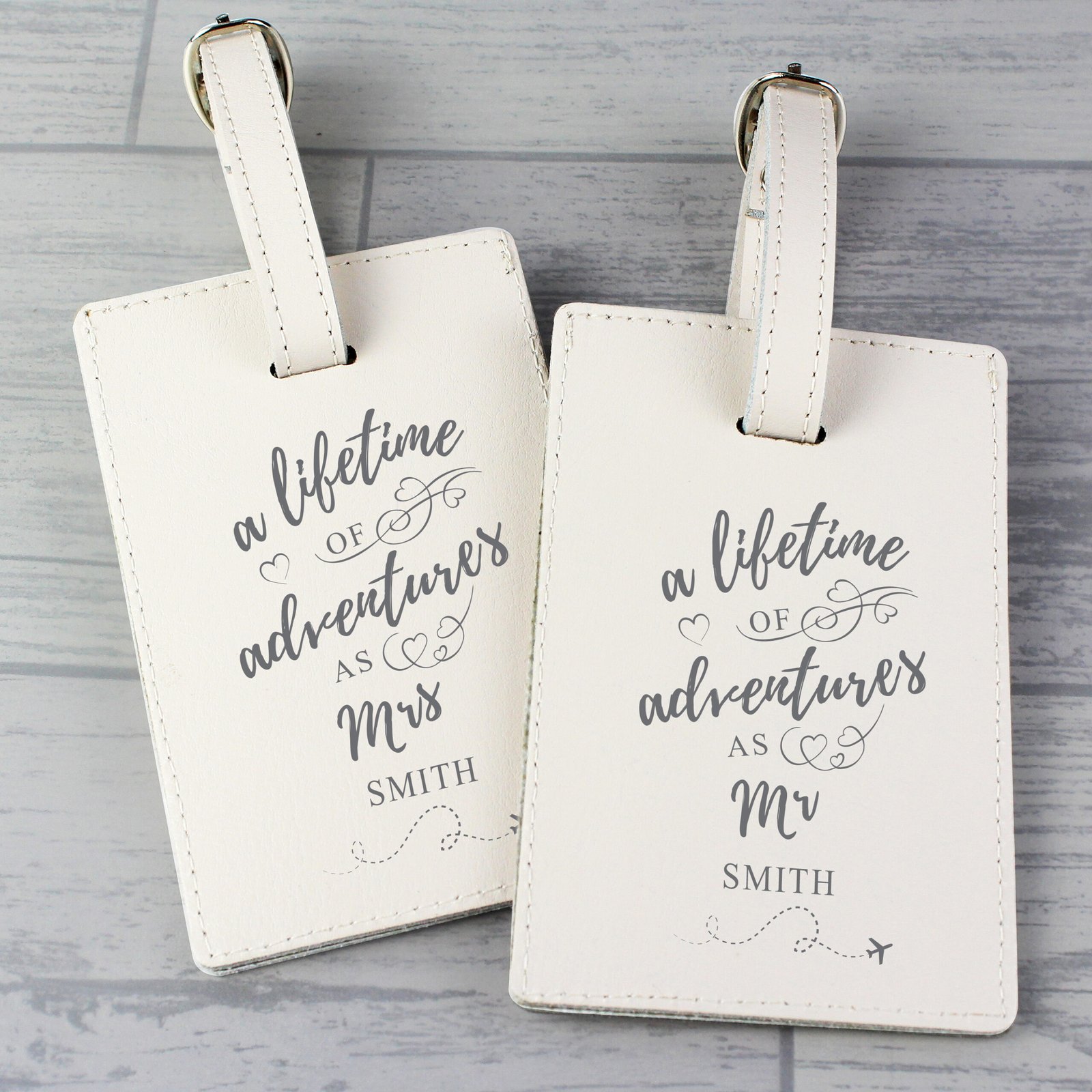 P1014A88 Personalised ‘A Lifetime of Adventures’ Couples Cream Leather Luggage Tag Set Personalised 'A Lifetime of Adventures' Couples Cream Leather Luggage Tag Set - Image 1