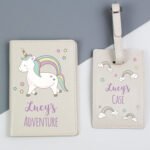 Personalised Baby Unicorn Design Cream Leather Passport Holder & Luggage Tag Set