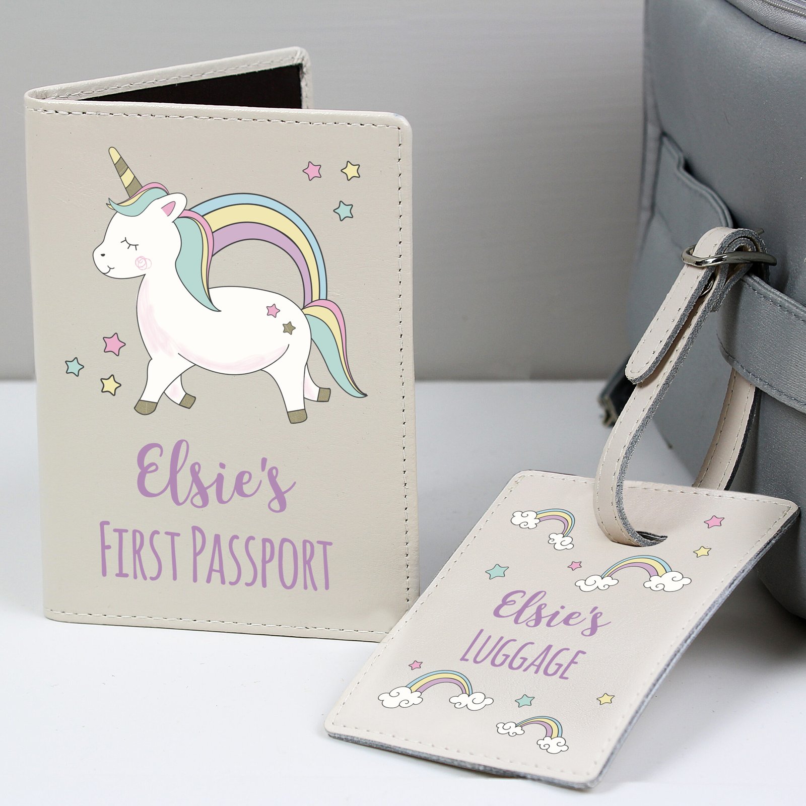 Personalised Baby Unicorn Design Cream Leather Passport Holder & Luggage Tag Set - Image 2