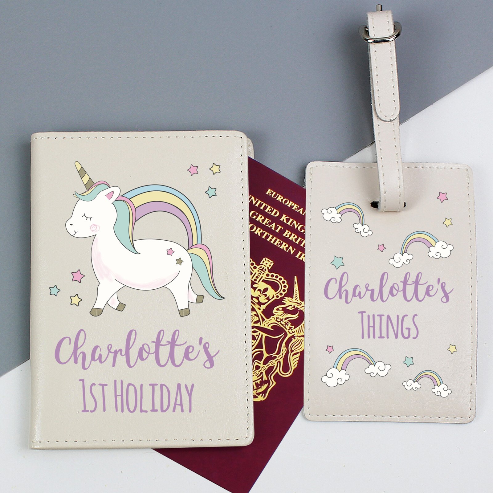 Personalised Baby Unicorn Design Cream Leather Passport Holder & Luggage Tag Set - Image 3
