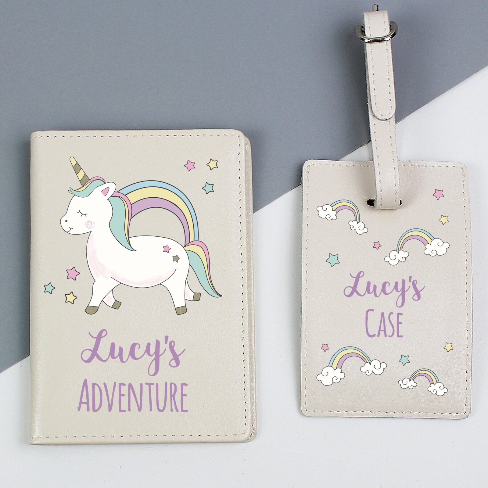 Personalised Baby Unicorn Design Cream Leather Passport Holder & Luggage Tag Set - Image 1