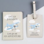 Personalised Blue Plane Design Cream Leather Passport Holder & Luggage Tag Set