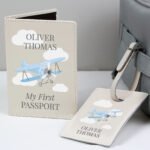 Personalised Blue Plane Design Cream Leather Passport Holder & Luggage Tag Set - Image 2