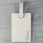 Personalised Blue Name Cream Leather Luggage Tag