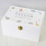 Personalised New Baby Safari Animals Design White Wooden Keepsake Box - Image 4