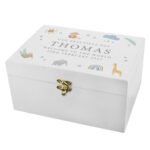 Personalised New Baby Safari Animals Design White Wooden Keepsake Box - Image 5