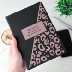 Personalised Leopard Print Design Black A5 Hardback Notebook - Image 4