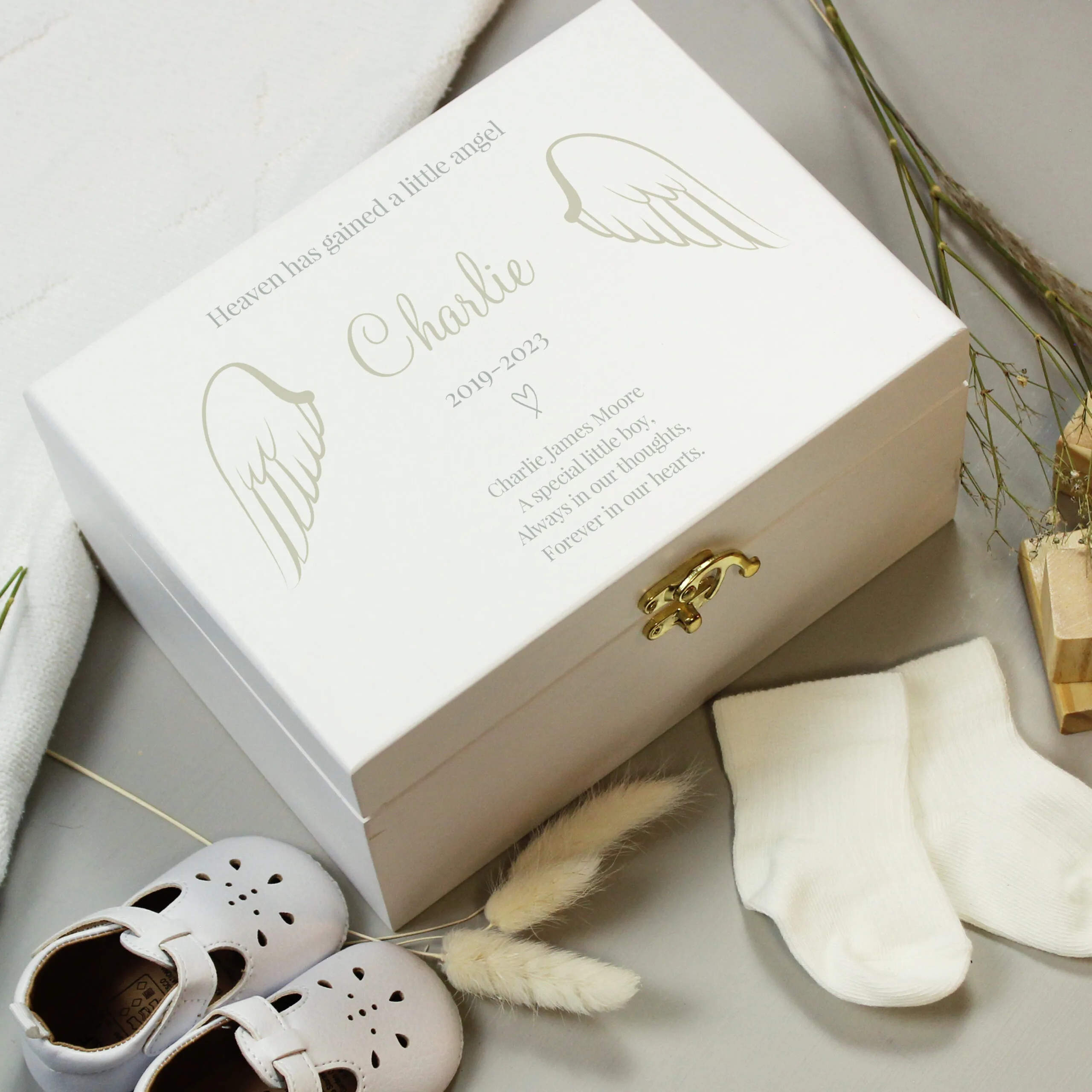 Personalised Angel Wings Motif Memorial White Wooden Keepsake Box - Image 5