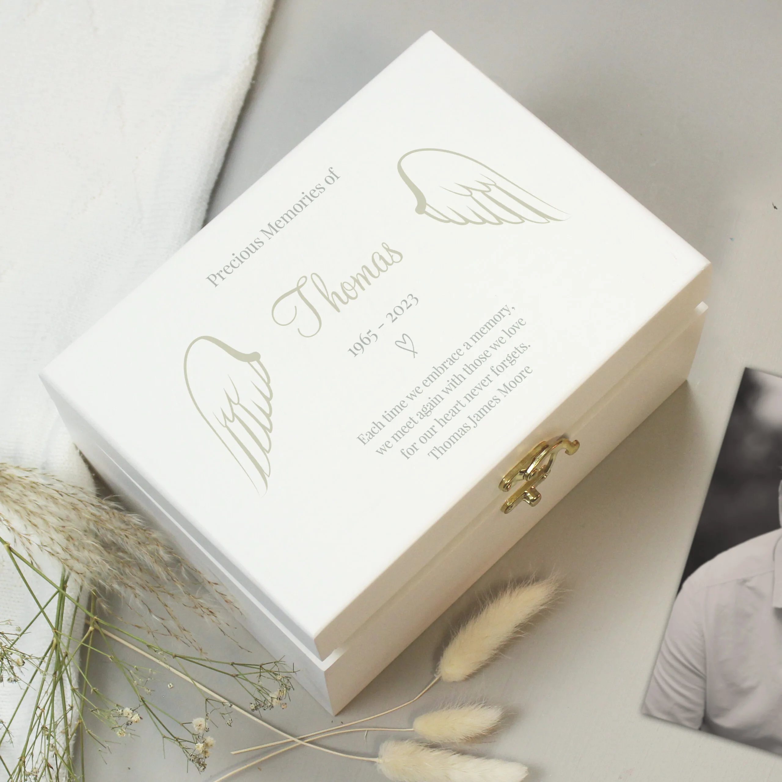 Personalised Angel Wings Motif Memorial White Wooden Keepsake Box - Image 6