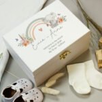 Personalised Elephant & Rainbow Design White Wooden Keepsake Box