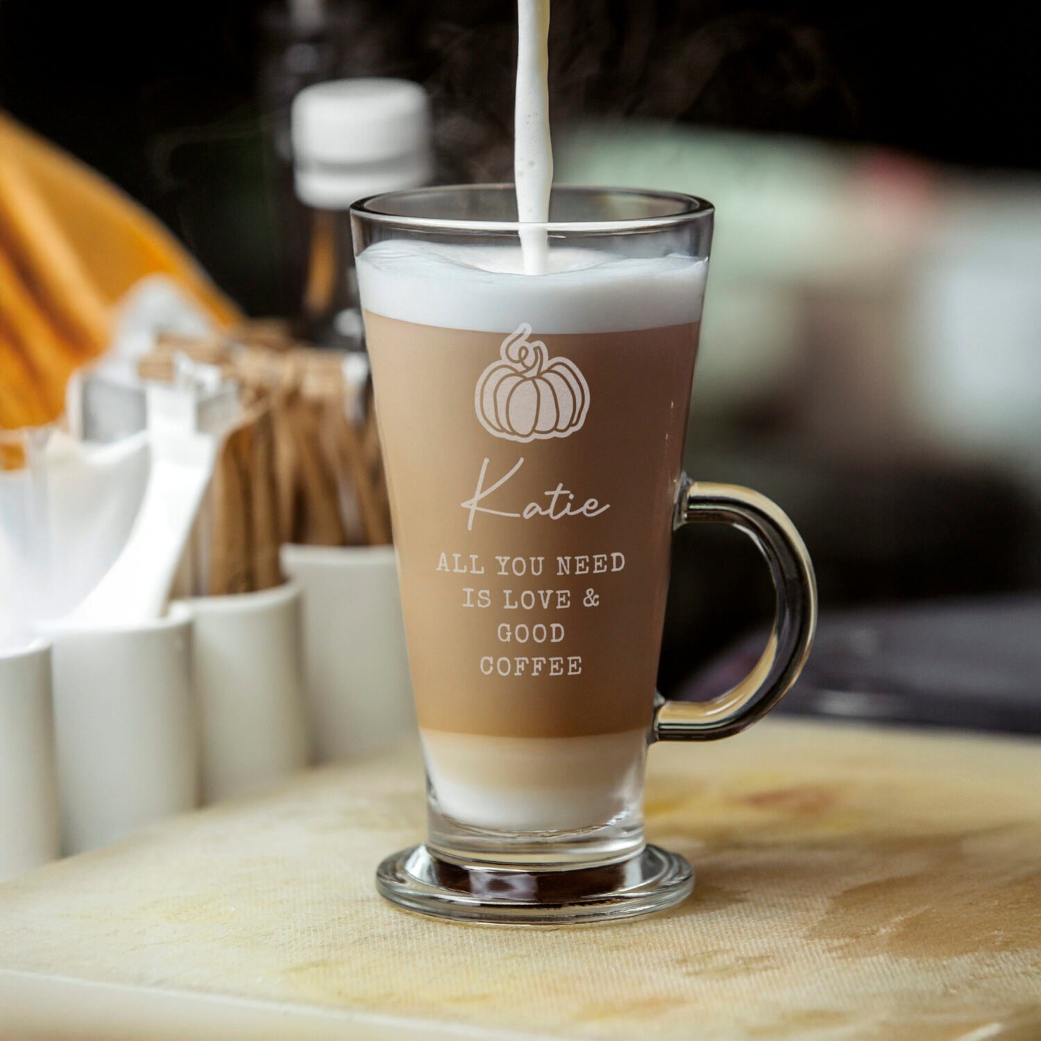 P0107J93 Personalised Pumpkin Motif Latte Glass Personalised Pumpkin Motif Latte Glass - Image 1