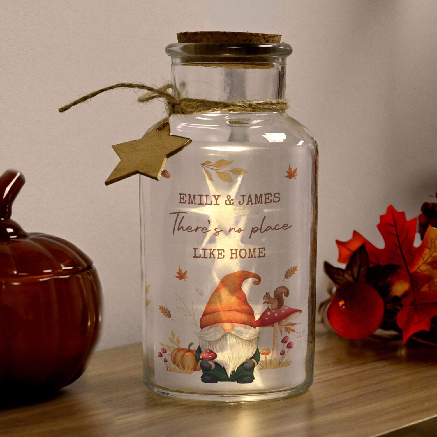 P050784 Personalised Autumn Gonk Design LED Light-Up Glass Jar Personalised Autumn Gonk Design LED Light-Up Glass Jar - Image 1