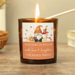 Personalised Autumn Gonk Design Scented Amber Glass Jar Candle