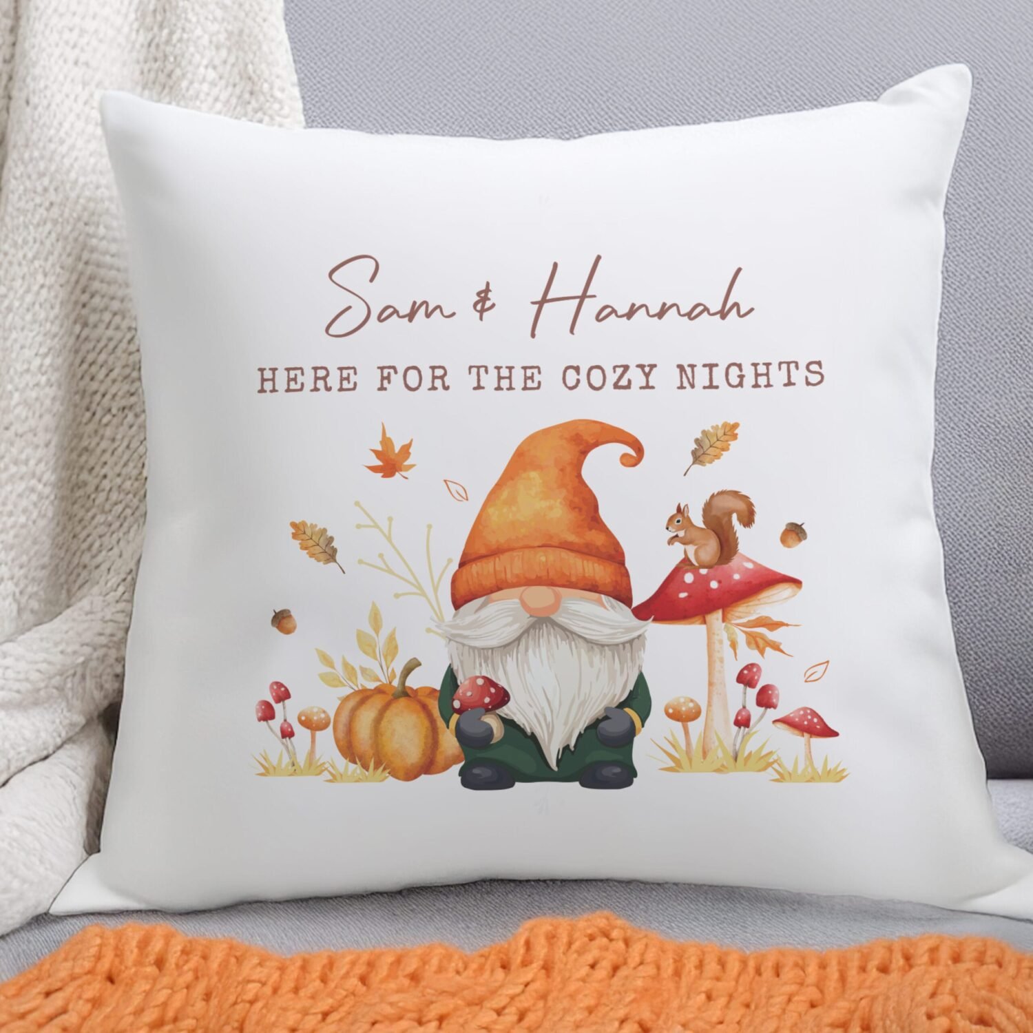 P0810B14 Personalised Autumn Gonk Design Filled Cushion Personalised Autumn Gonk Design Filled Cushion - Image 1