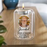 Personalised Photo Upload Memorial Feather Glass Tea Light Candle Holder