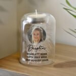 Personalised Photo Upload Memorial Feather Glass Tea Light Candle Holder - Image 3