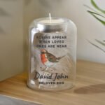 Personalised 'Robins Appear...' Memorial Feather Glass Tea Light Candle Holder