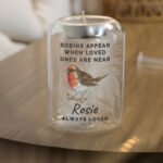 Personalised 'Robins Appear...' Memorial Feather Glass Tea Light Candle Holder - Image 3
