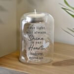 Personalised 'Shine In Our Hearts' Memorial Feather Glass Tea Light Candle Holder - Image 2