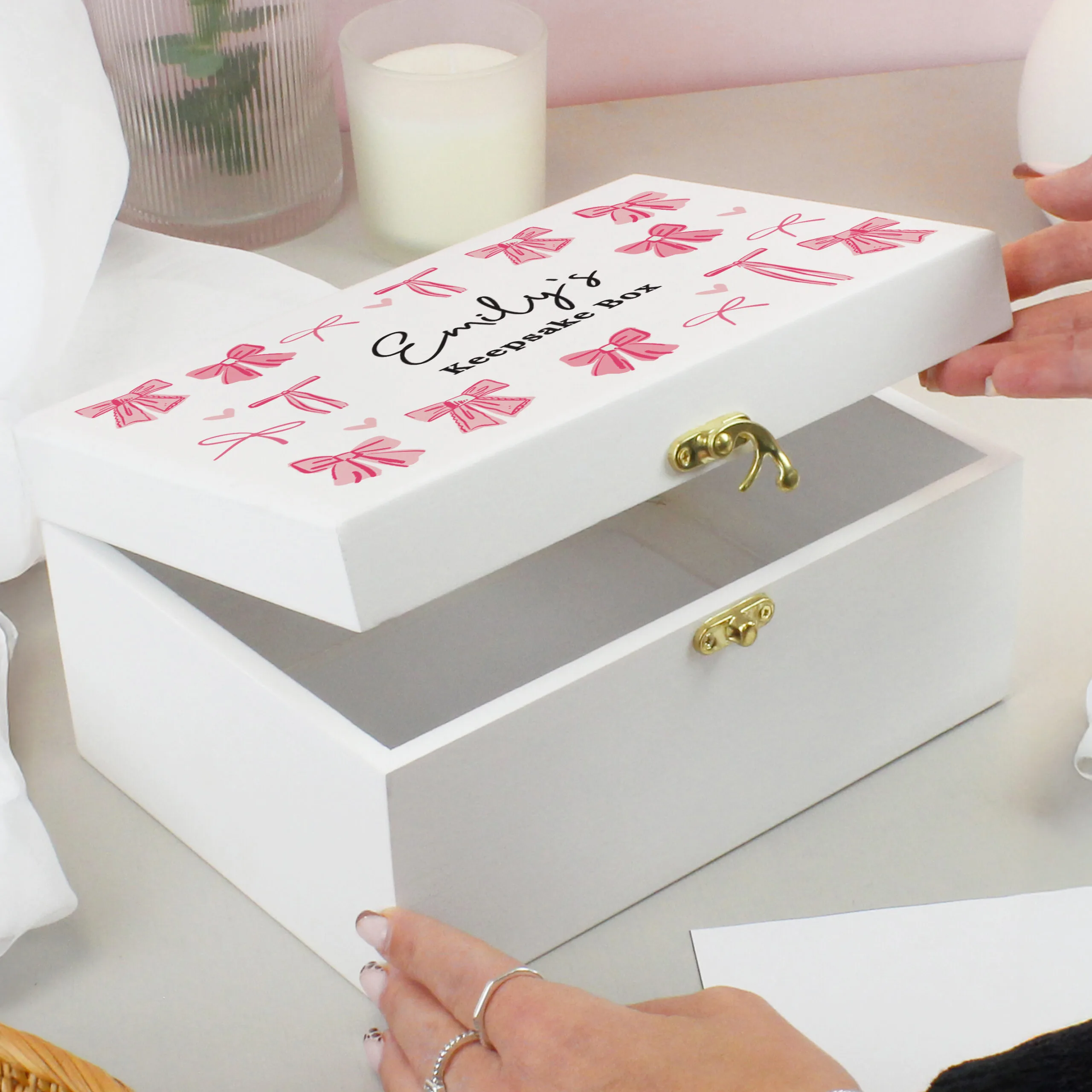 Personalised Multi Pink Bows Design White Wooden Storage Box - Image 2