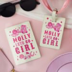 Personalised Pink Cowgirl Design Cream Leather Passport Holder & Luggage Tag Set