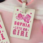 Personalised Pink Cowgirl Design Cream Leather Passport Holder & Luggage Tag Set - Image 3