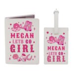 Personalised Pink Cowgirl Design Cream Leather Passport Holder & Luggage Tag Set - Image 4