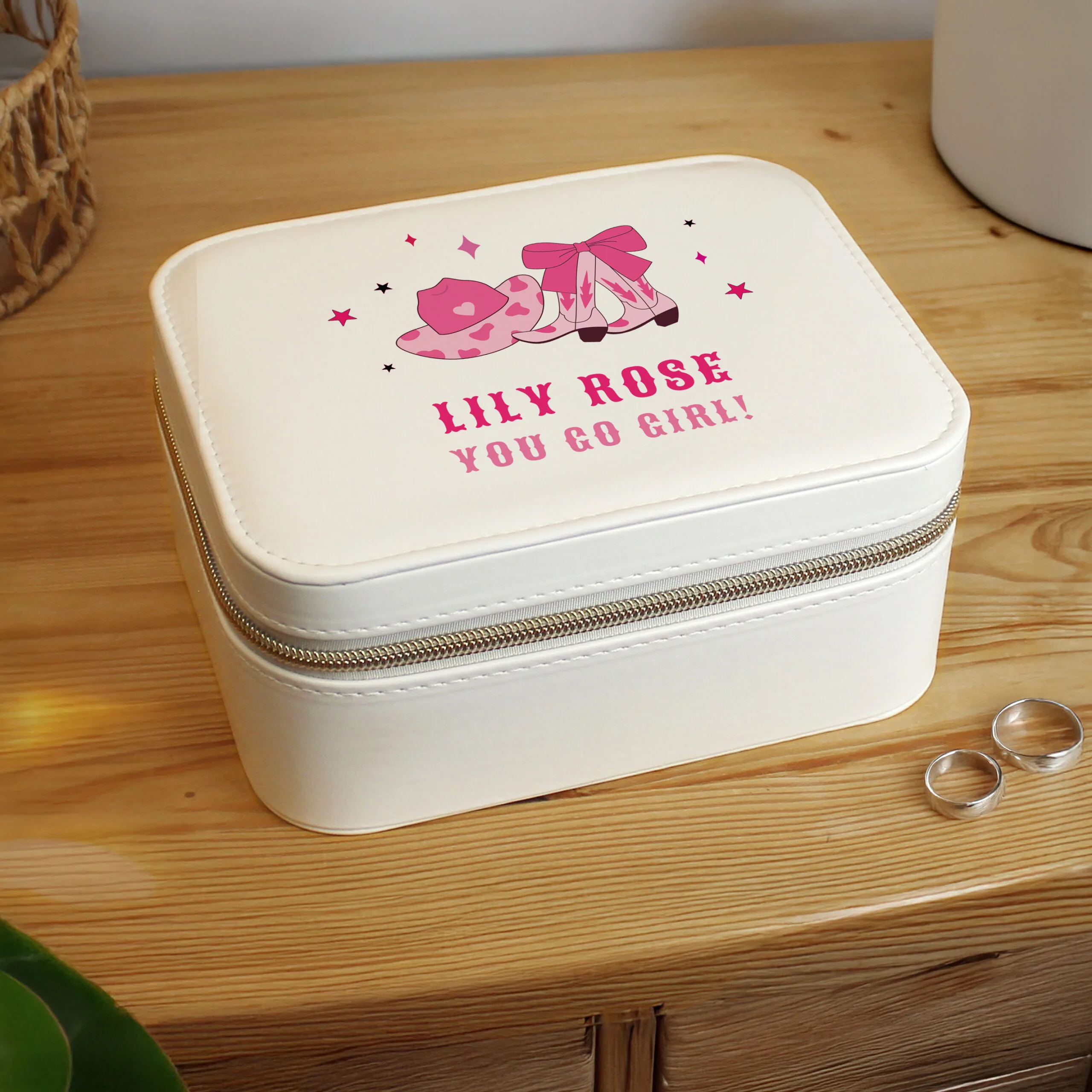 Personalised Pink Cowgirl Design Faux Leather Travel Jewellery Box - Image 6