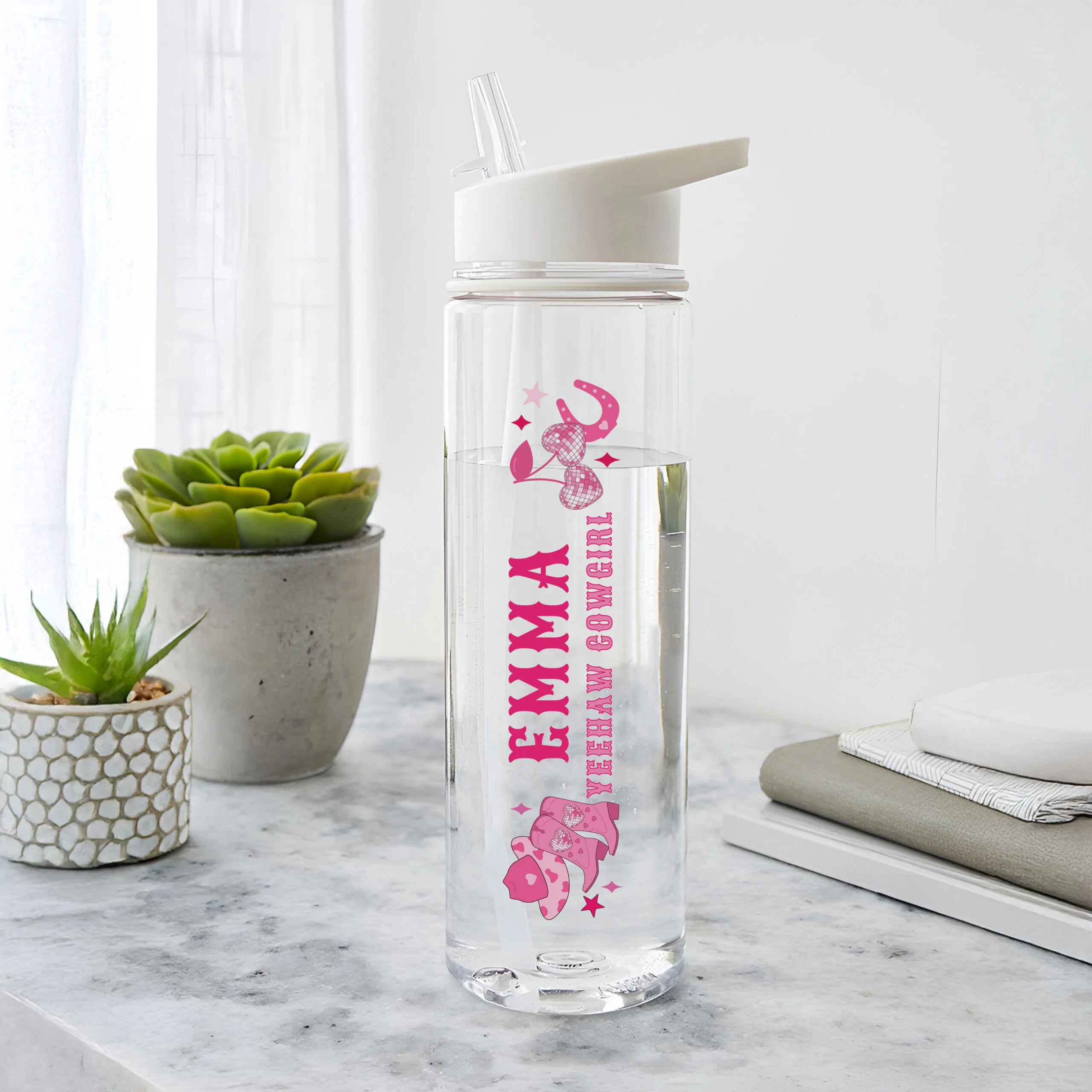 Personalised Pink Cowgirl Design Plastic Water Bottle - Image 3