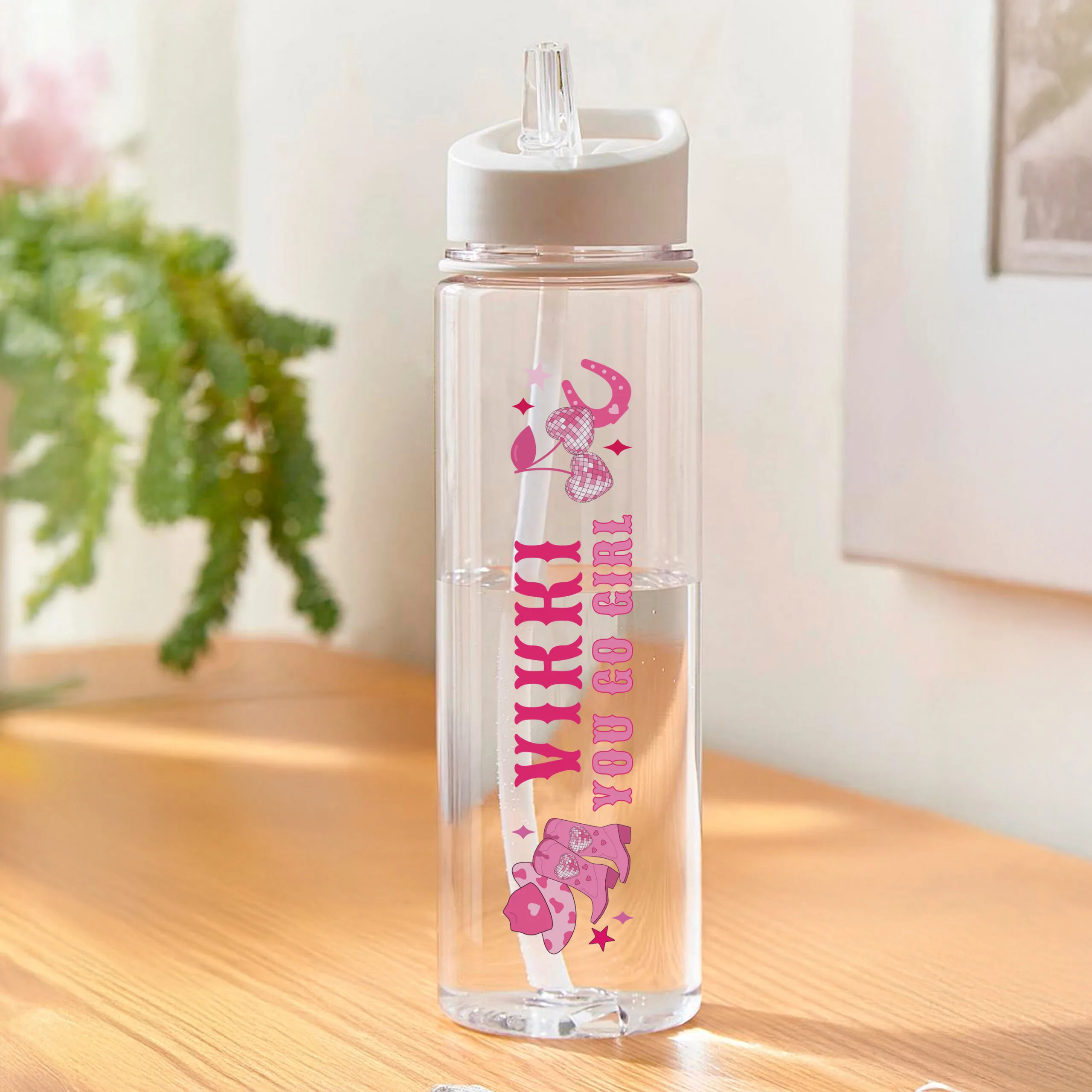 P103232 Personalised Pink Cowgirl Design Plastic Water Bottle Personalised Pink Cowgirl Design Plastic Water Bottle - Image 1