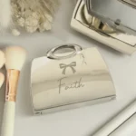 Personalised Bow Motif Handbag Shaped Silver Nickel Plated Compact Mirror