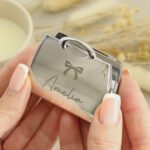 Personalised Bow Motif Handbag Shaped Silver Nickel Plated Compact Mirror - Image 2