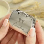 Personalised Bow Motif Handbag Shaped Silver Nickel Plated Compact Mirror - Image 2