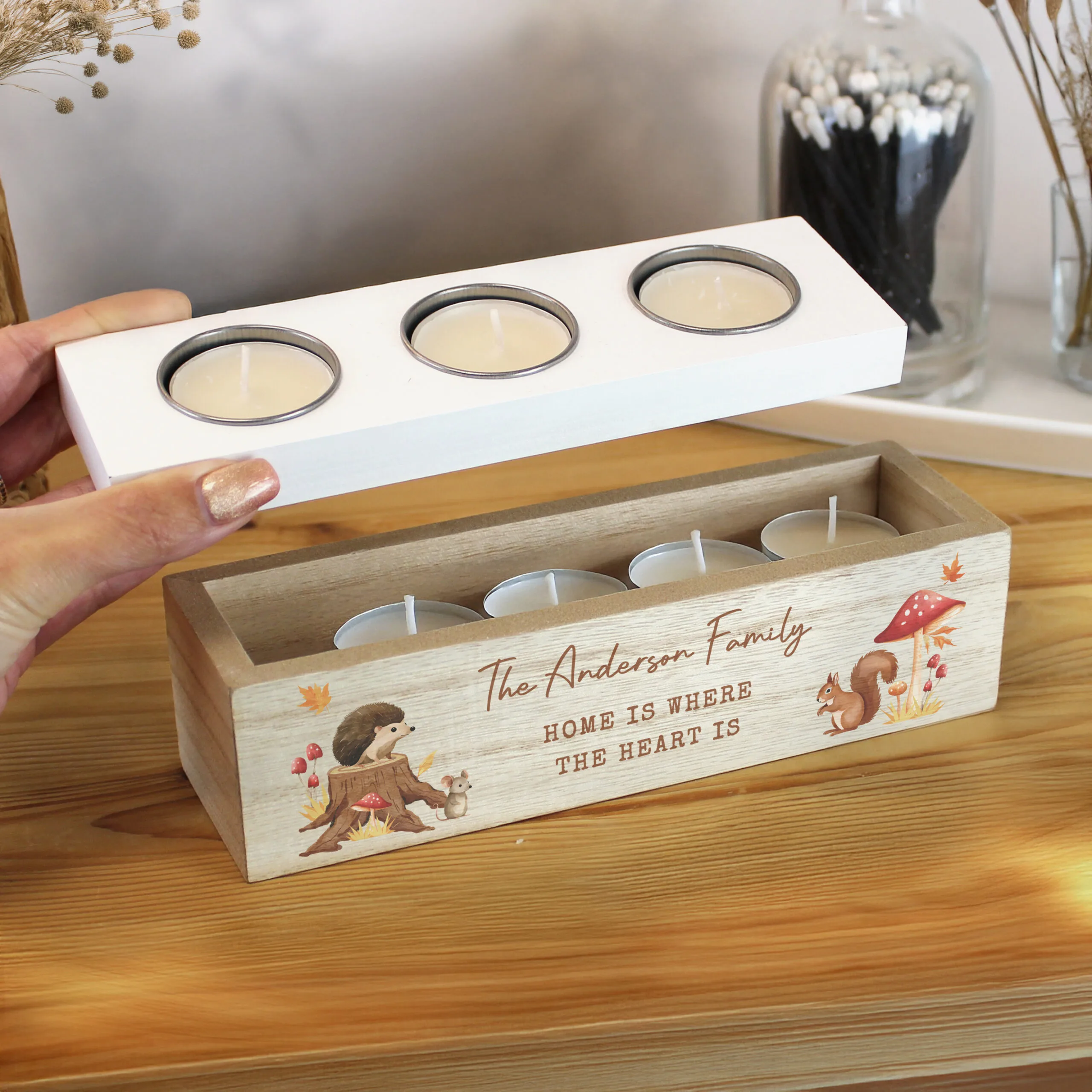 Personalised Any Message Autumn Design Wooden Triple Tea Light Candle Box - Image 2