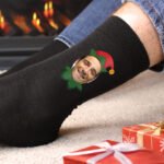 Personalised Photo Upload Christmas Elf Design Men's Black Socks - Image 3