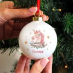 Personalised Children's Unicorn Design Ceramic Christmas Bauble - Image 2