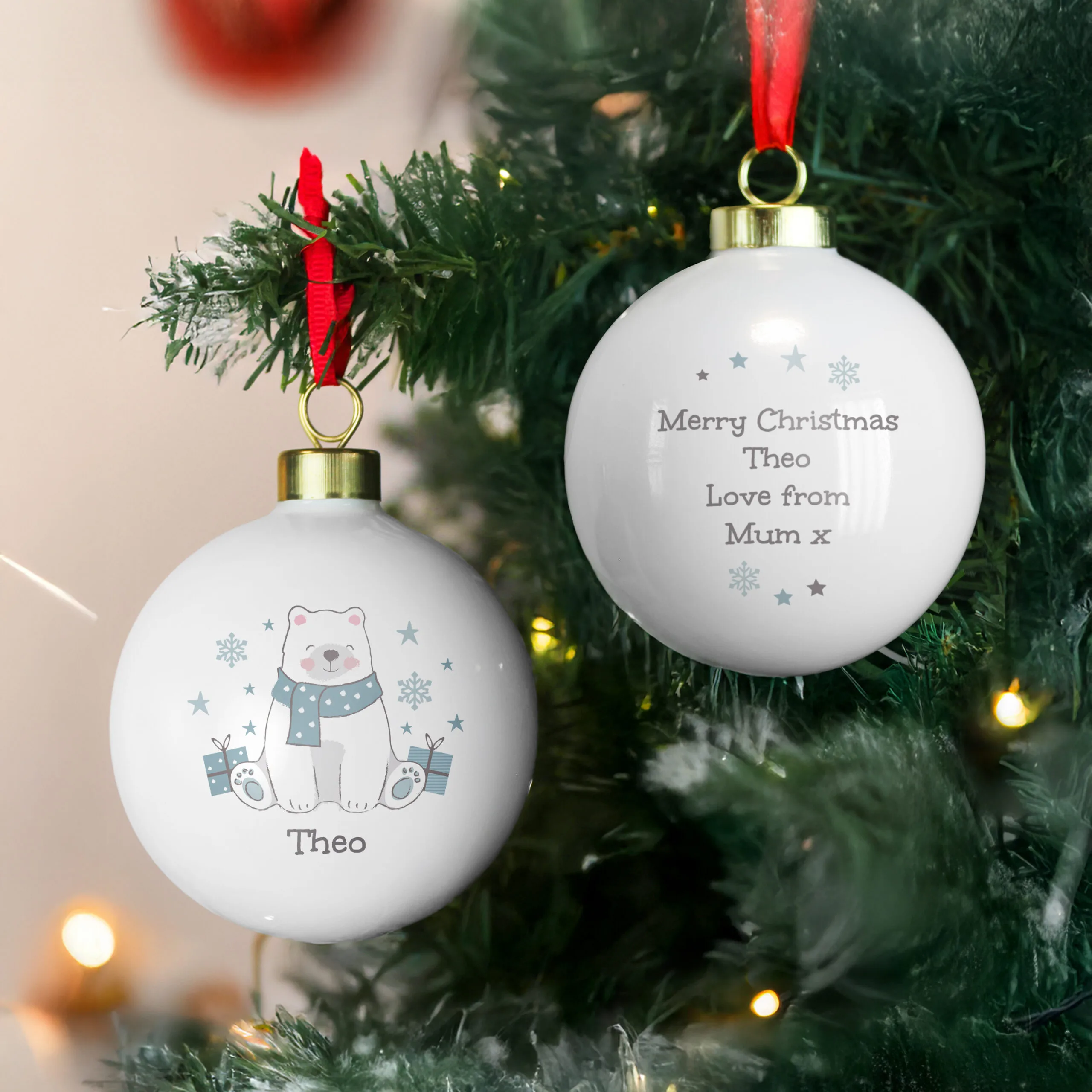 Personalised Children's Polar Bear Design Ceramic Christmas Bauble - Image 3