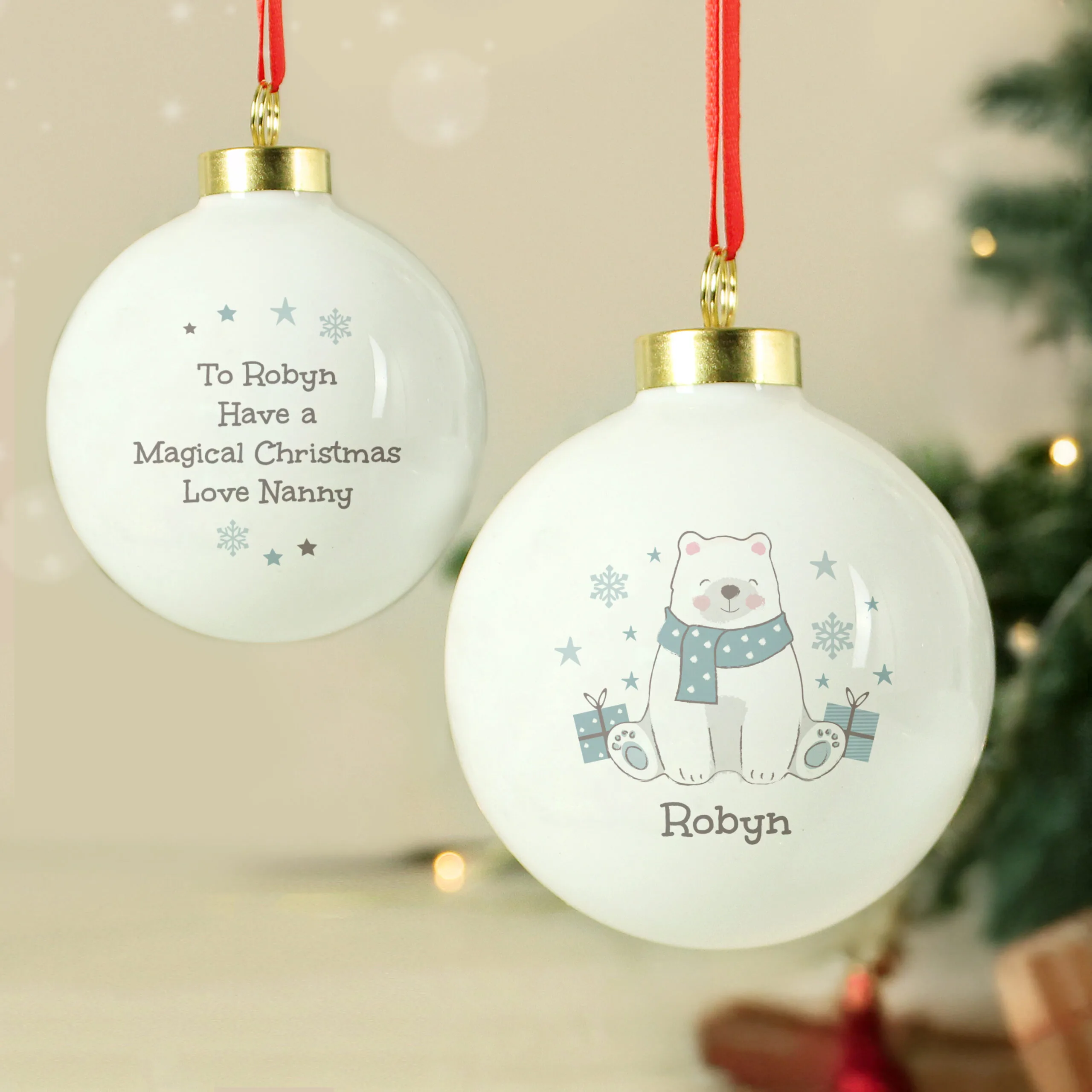 P0805O97 Personalised Children's Polar Bear Design Ceramic Christmas Bauble Personalised Children's Polar Bear Design Ceramic Christmas Bauble - Image 1