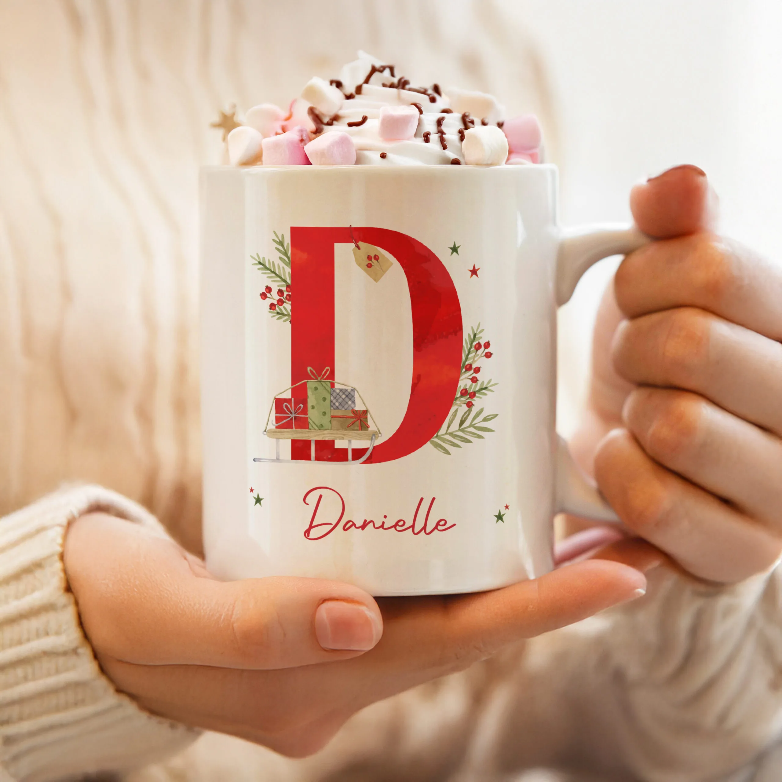 Personalised Big Initial & Name Holly Design Christmas Ceramic Mug - Image 2