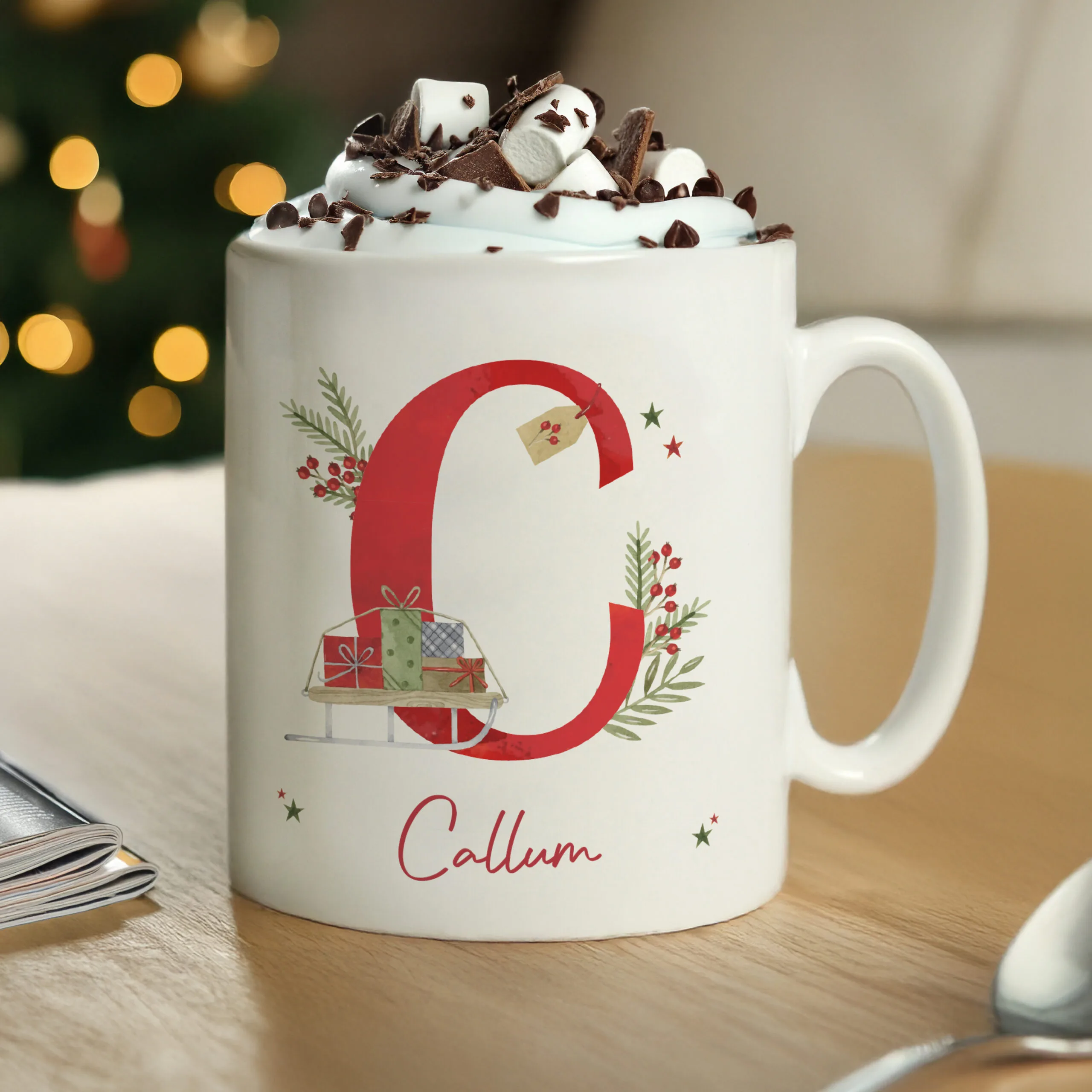 P0805P01 Personalised Big Initial & Name Holly Design Christmas Ceramic Mug Personalised Big Initial & Name Holly Design Christmas Ceramic Mug - Image 1