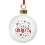 Personalised 'Believes' Holly Design Ceramic Christmas Bauble - Image 4