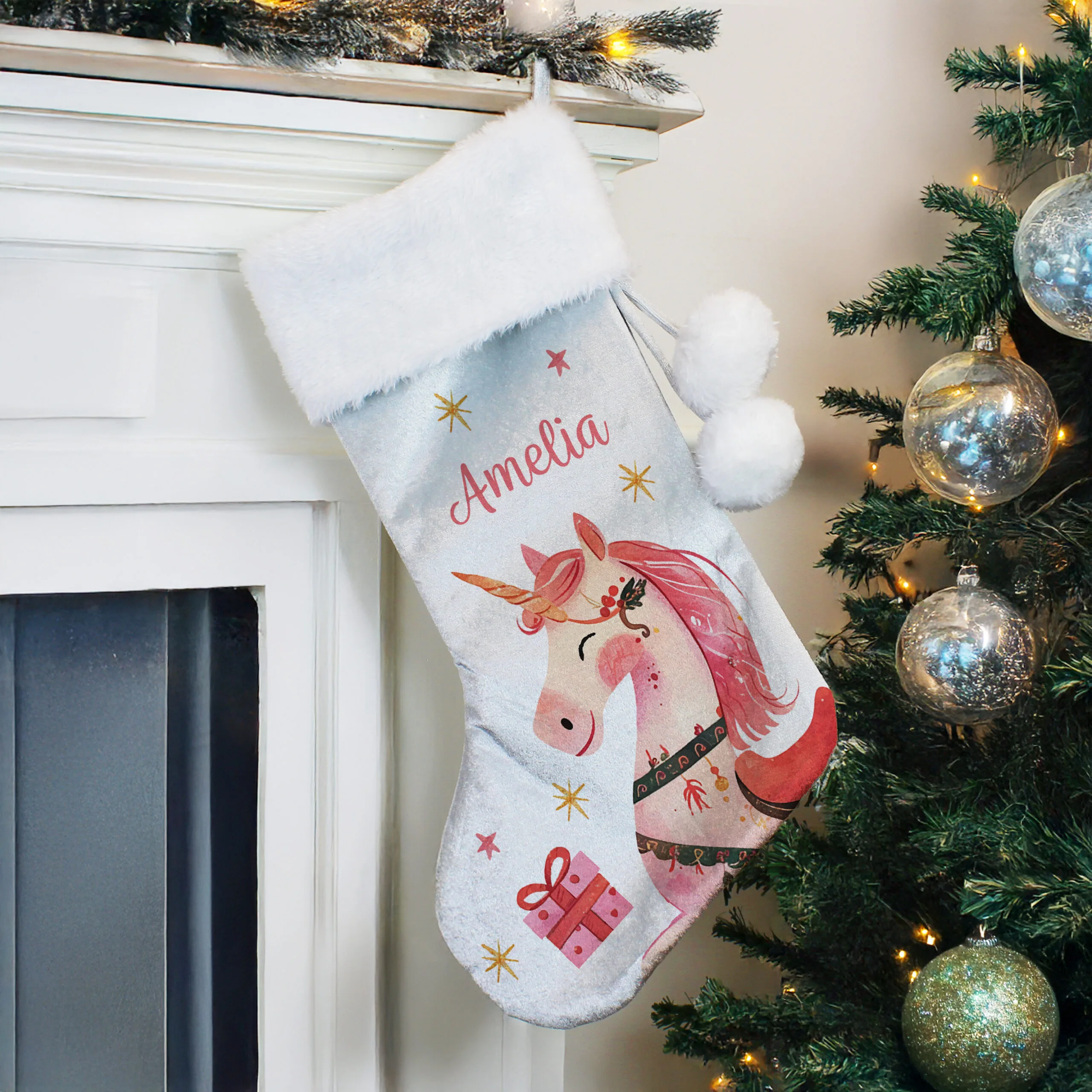 Personalised Unicorn Design Luxury Grey Pom Pom Christmas Stocking - Image 3