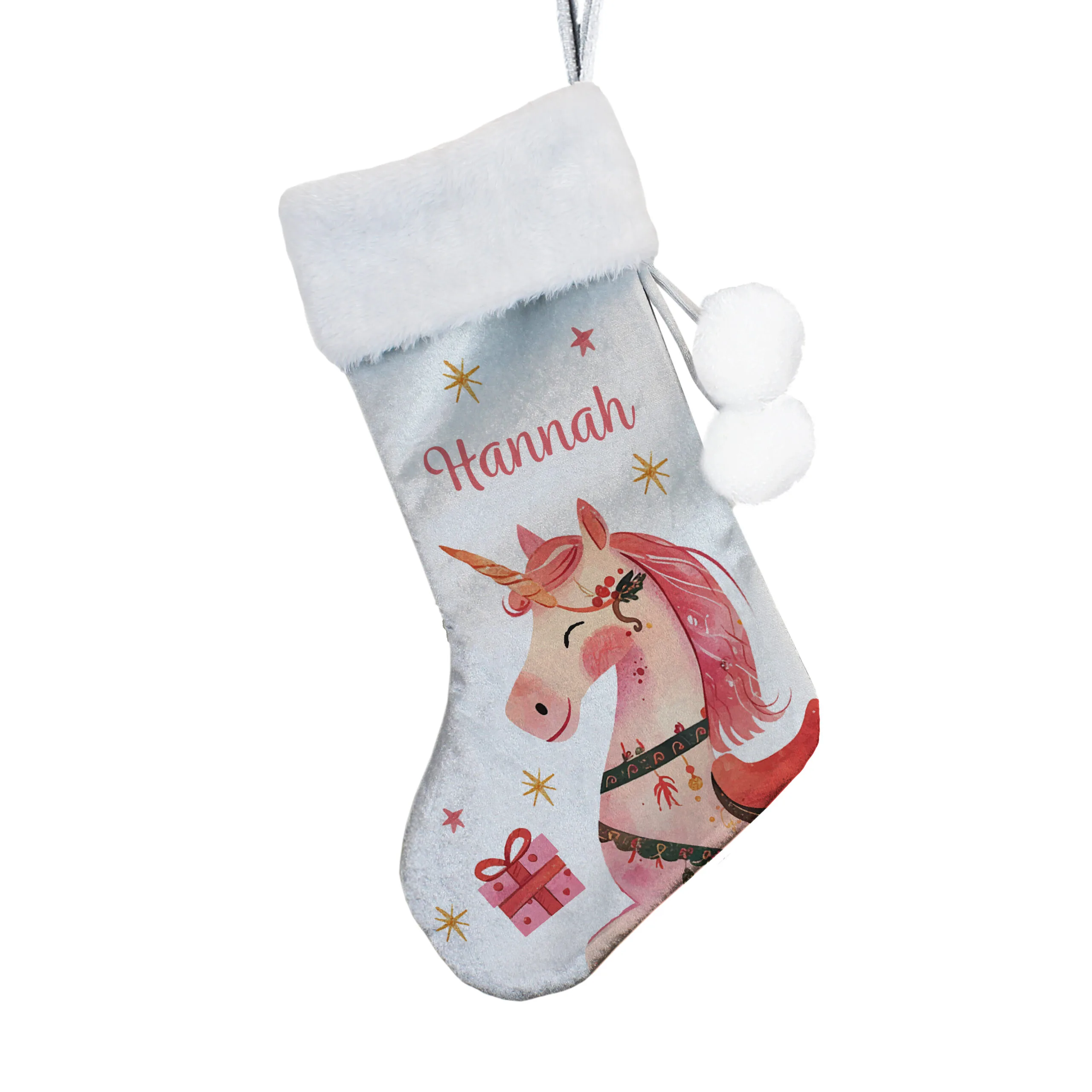 Personalised Unicorn Design Luxury Grey Pom Pom Christmas Stocking - Image 4