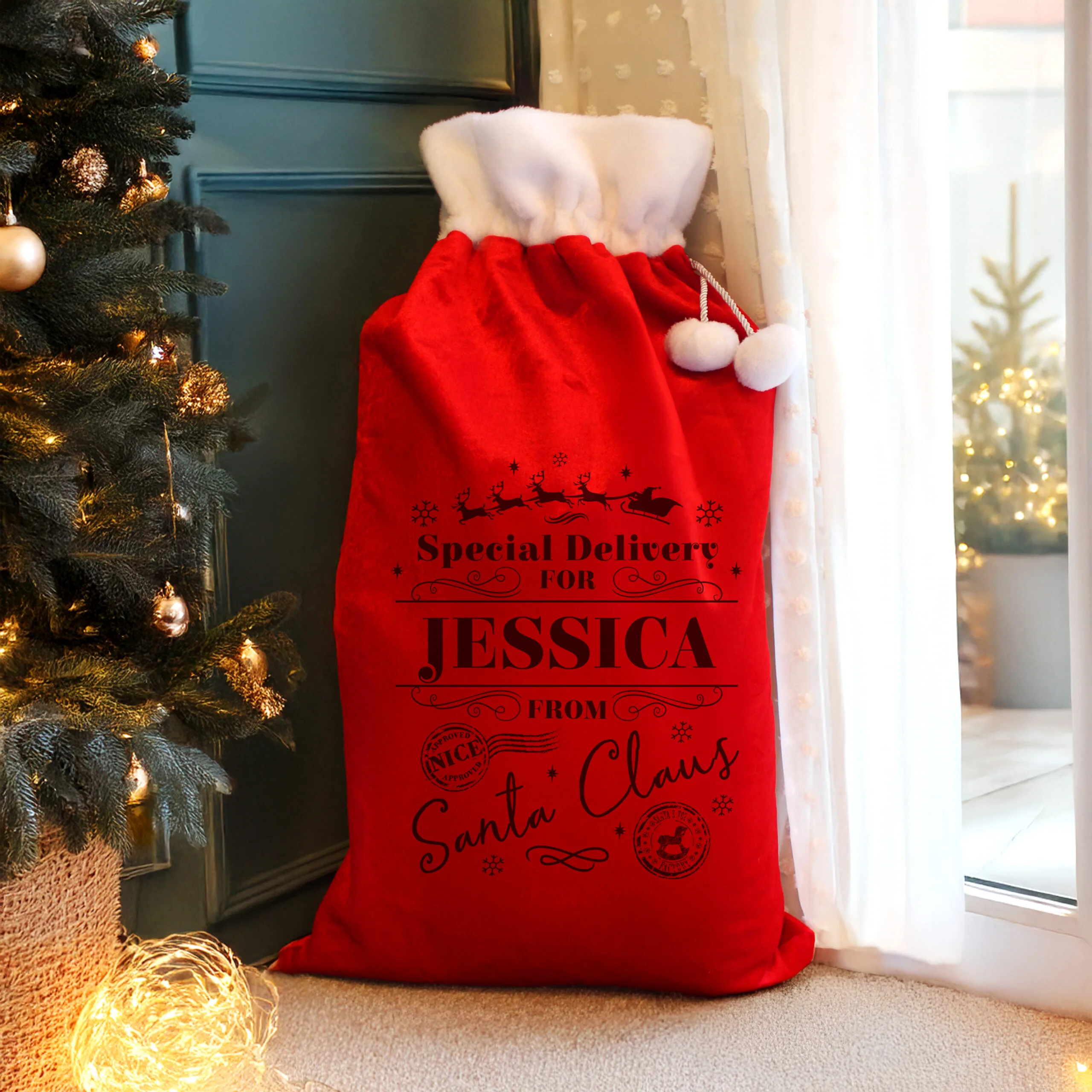 Personalised Children's 'Special Delivery' Luxury Red Pom Pom Christmas Sack - Image 3