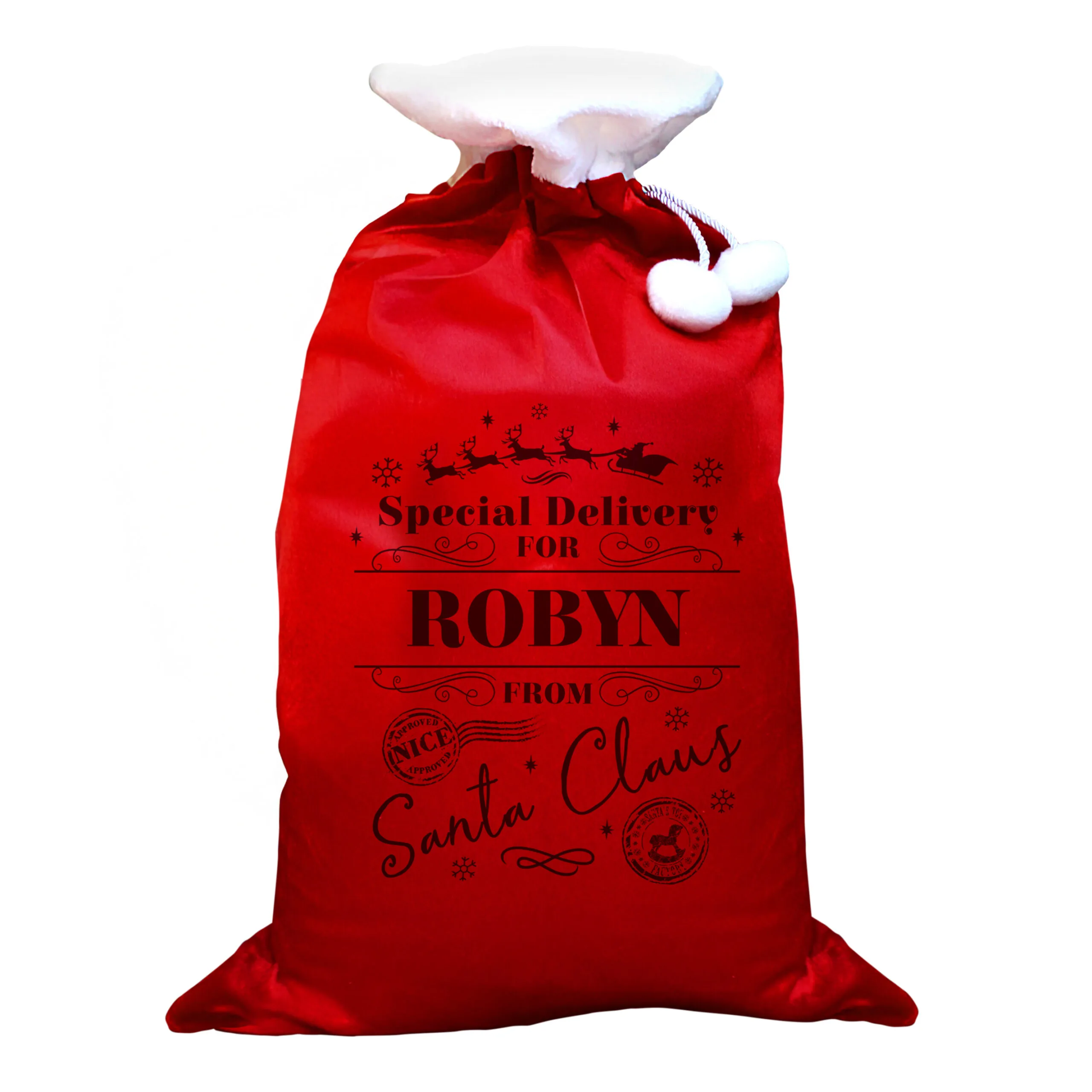 Personalised Children's 'Special Delivery' Luxury Red Pom Pom Christmas Sack - Image 4
