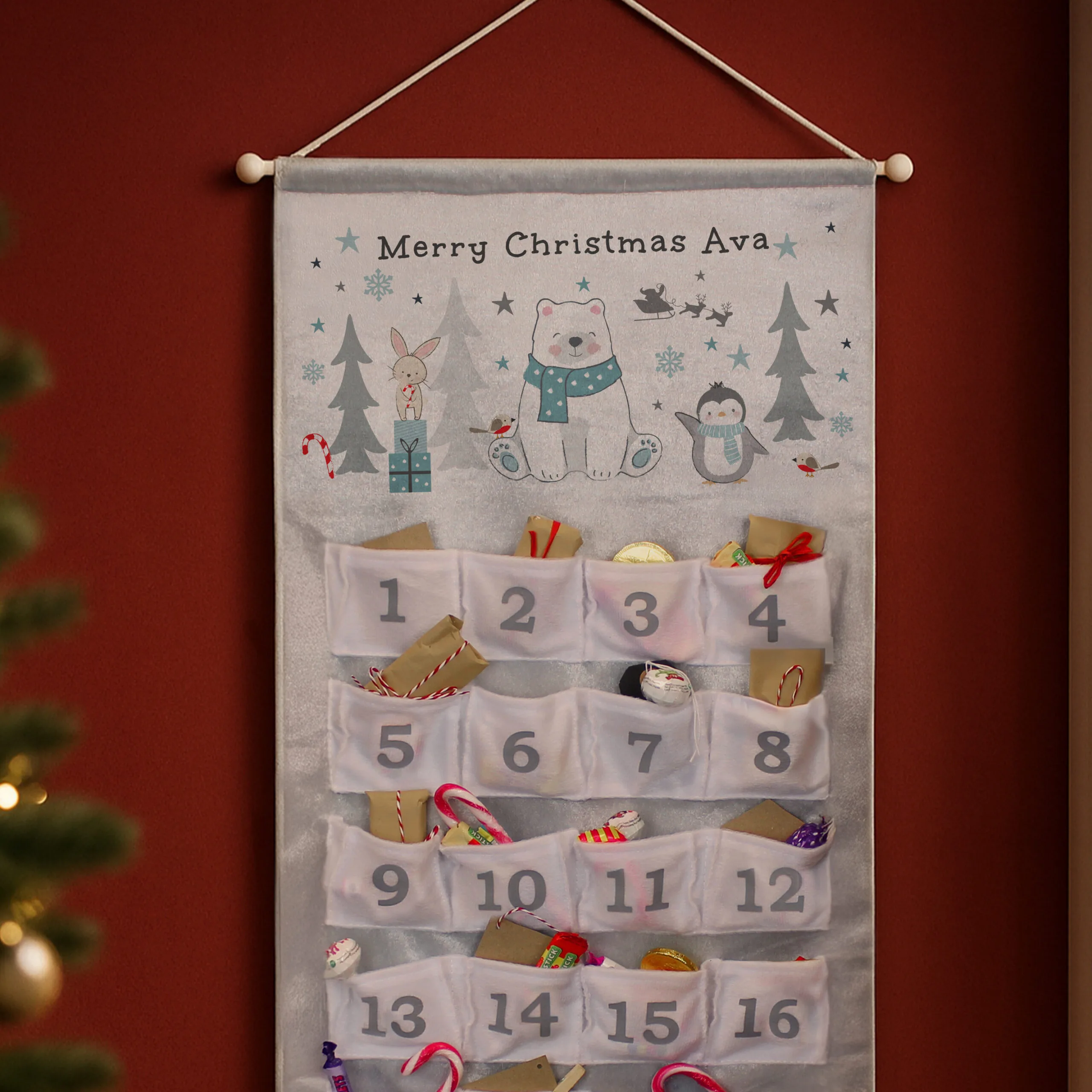 Personalised Children's Polar Bear Design Grey Felt Christmas Advent Calendar - Image 3