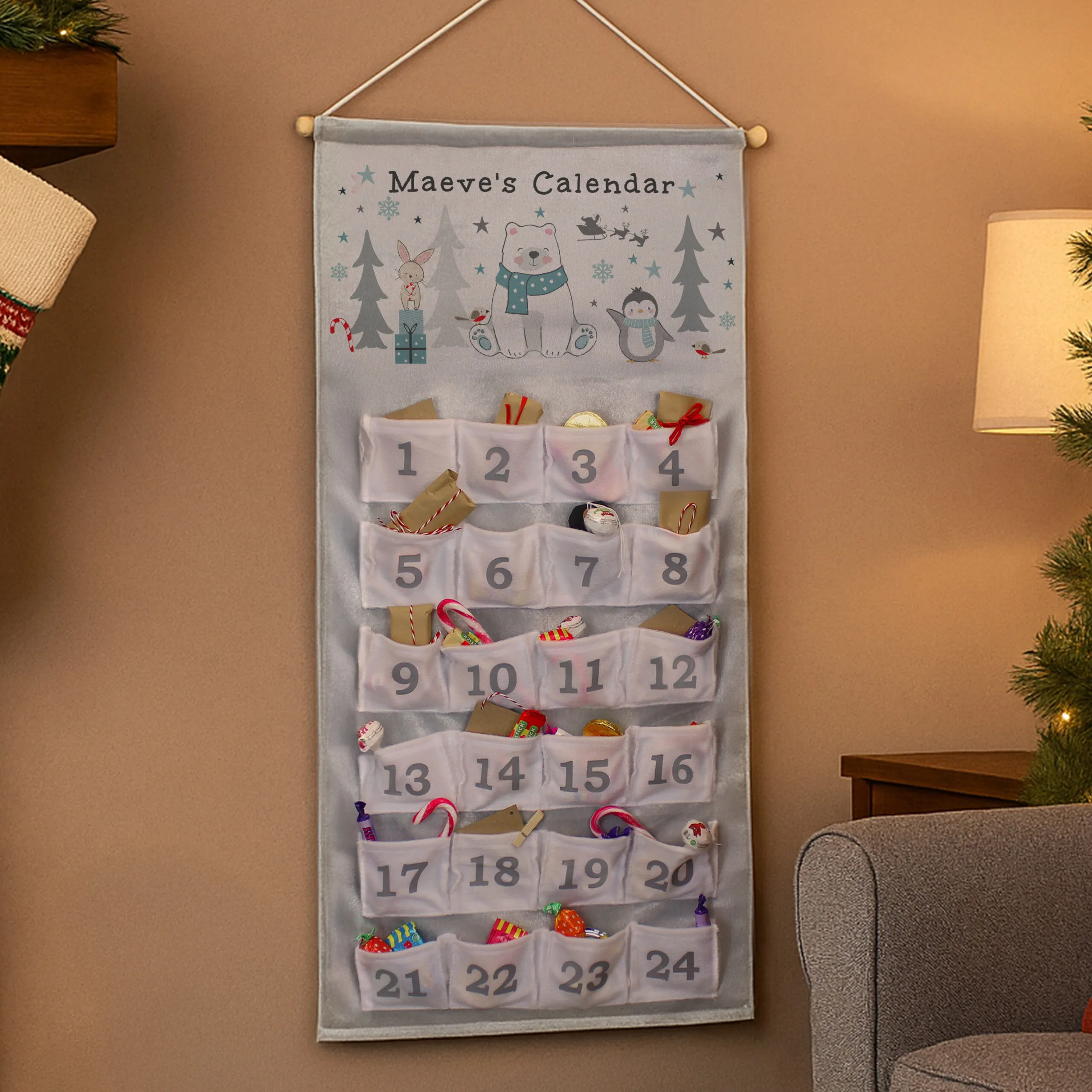 Personalised Children's Polar Bear Design Grey Felt Christmas Advent Calendar - Image 4